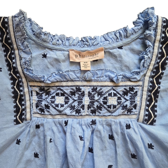 Philosophy Light Blue Embroidered Square Neck Blouse Cottage Peasant ~ Medium - Picture 3 of 7
